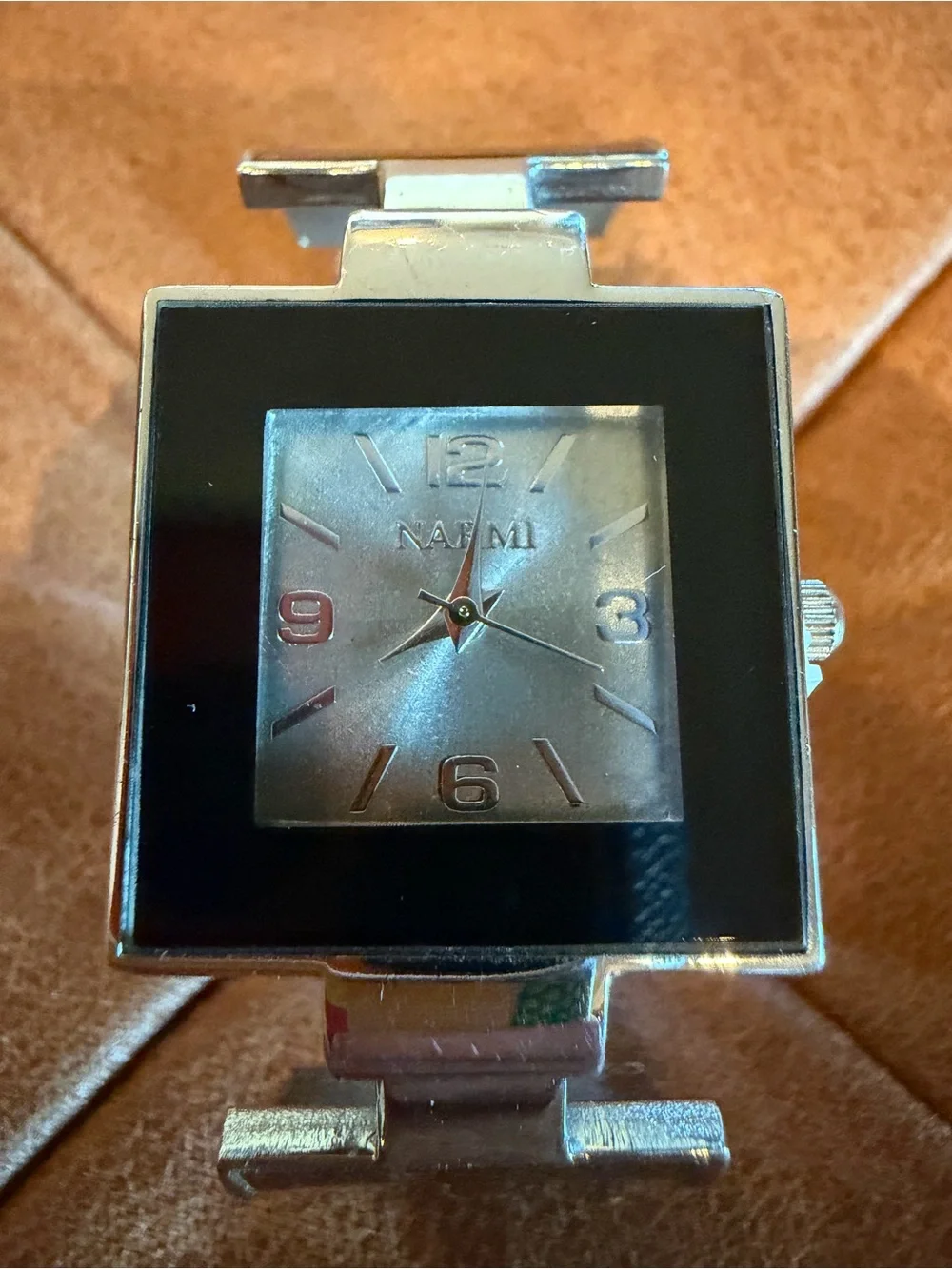 Vintage Narmi Square Statement Cuff Watch Silver & Black Hinged Bangle Bracelet